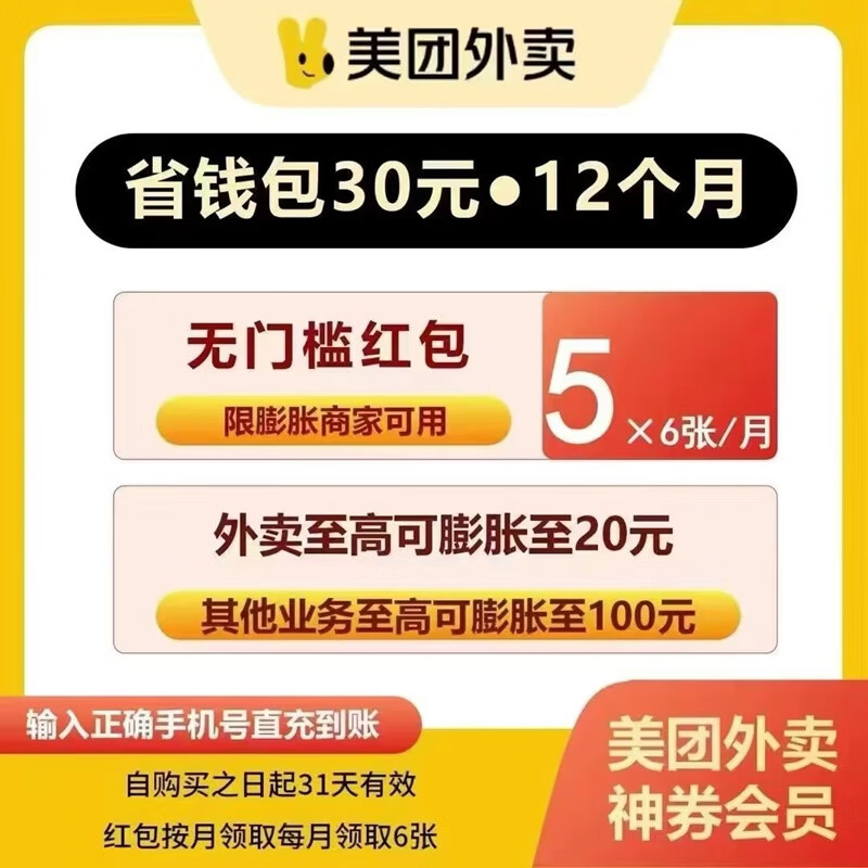 美團 -美團外賣神會員卷-年卡卷包 每個月6張5元無門檻神券 （注意看下詳情的使用規(guī)則） 18.8元