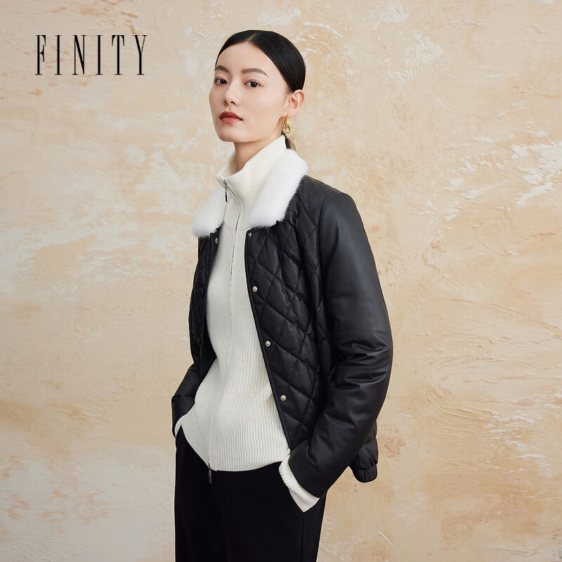 FINITY 菲妮迪 品牌真皮羽絨服冬季簡約風(fēng)羊皮輕奢高端保暖外套女 黑色 S 1409.5元