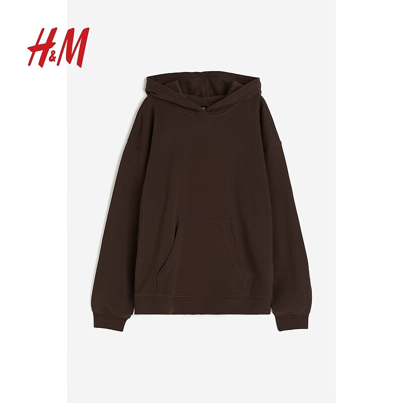 H&M 女裝衛(wèi)衣柔軟休閑純色大廓形長袖連帽衫1163636 深棕色 165/96 90元