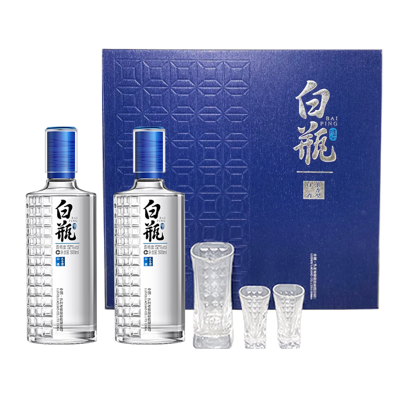 需首購，Plus會(huì)員:瀘州老窖 瀘州白瓶酒 濃香型白酒 52度 500mL*2瓶 酒具套裝禮盒 155.77元（需領(lǐng)券）