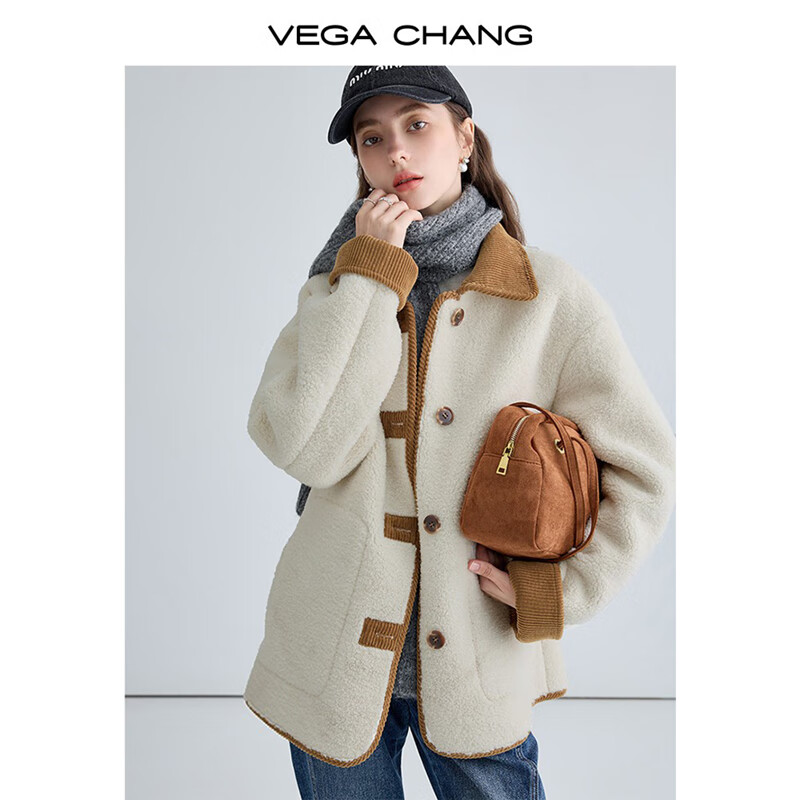 VEGA CHANG 仿羊羔毛大衣女2024秋冬新款韓版寬松拼接皮草短外套 絨白 M ￥199