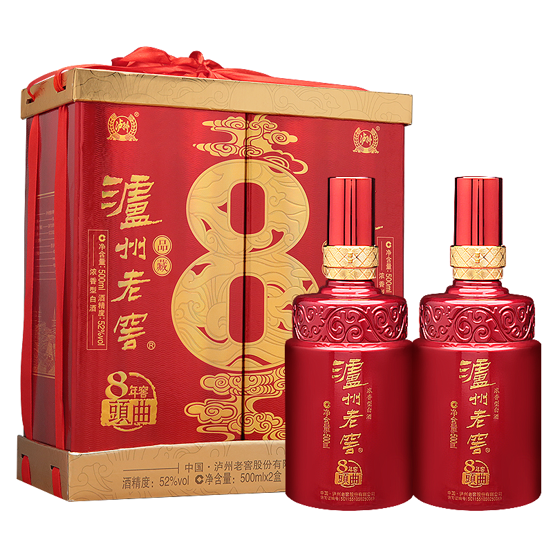 PLUS會(huì)員：瀘州老窖 八年窖頭曲 濃香型白酒 52度 500ml*2瓶 186.05元