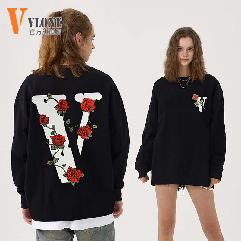 VLONE 美版 長(zhǎng)袖t恤 玫瑰logo印花圓領(lǐng)打底衫 黑色 144.5元包郵（需領(lǐng)券）