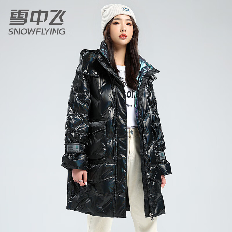 雪中飛 90絨中長亮面羽絨服 黑色 S ￥99