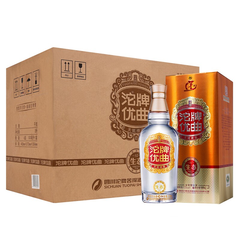 需首購:舍得 沱牌酒 沱牌優(yōu)曲生態(tài) 濃香型白酒 52度 500mL 6瓶 整箱買一送一+湊單 合180.62元/件，湊44.48元/件（共共450.2元）