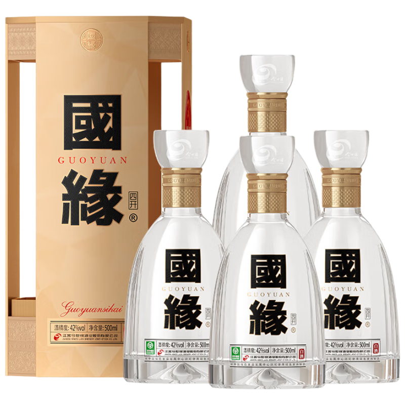 京東百億補貼：今世緣 國緣四開 42度 幽雅型白酒 500ml*4瓶 整箱裝 1782元 包郵