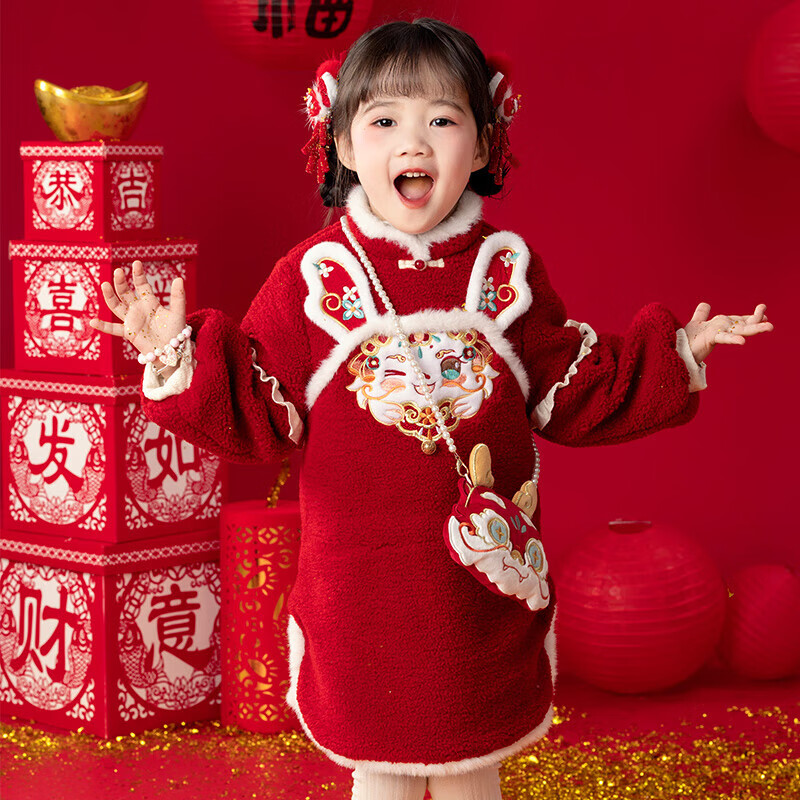 萌乎 開心龍漢服女童冬款中國風(fēng)旗袍新年裝 紅色（無配飾） 120 117元