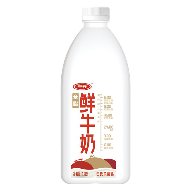 三元 全脂鲜牛奶 1.8L 19.9元