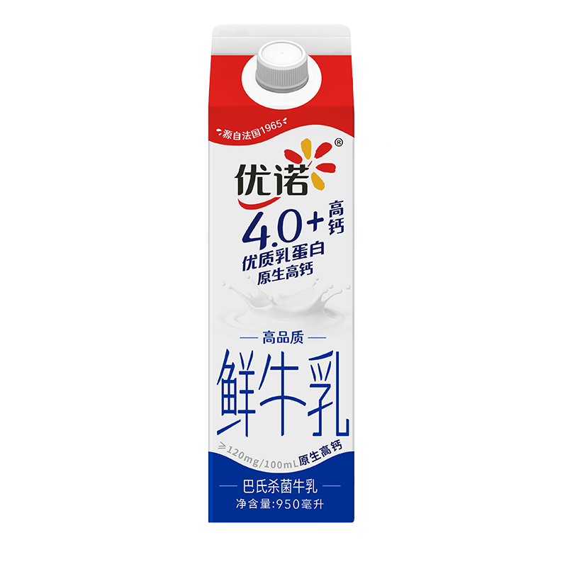 优诺（yoplait）4.0+优质乳蛋白 鲜牛奶巴氏杀菌鲜奶950ml/盒 营养早餐 14.9元需首购