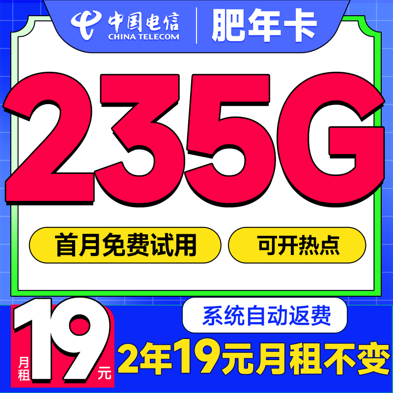 中國電信 肥年卡 2年19元/月（運(yùn)營商自動返費+235G流量+首月免租）激活送20E卡 0.1元