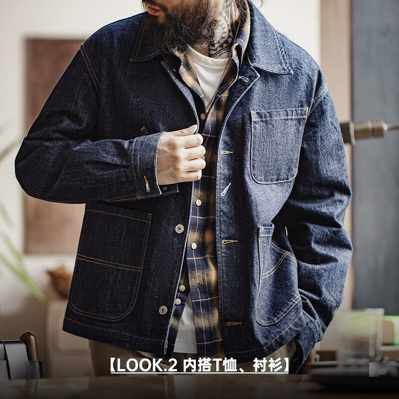 马登 工装 美式复古四袋牛仔夹克翻领丹宁阿美咔叽多口袋上衣外套男秋 牛仔蓝 89.95元
