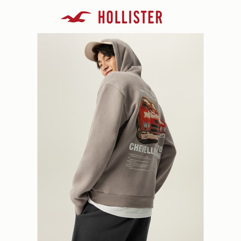 HOLLISTER 春秋抓绒情侣美式图案印花连帽卫衣男装女装KI322-3191 灰褐色 M 172.64元