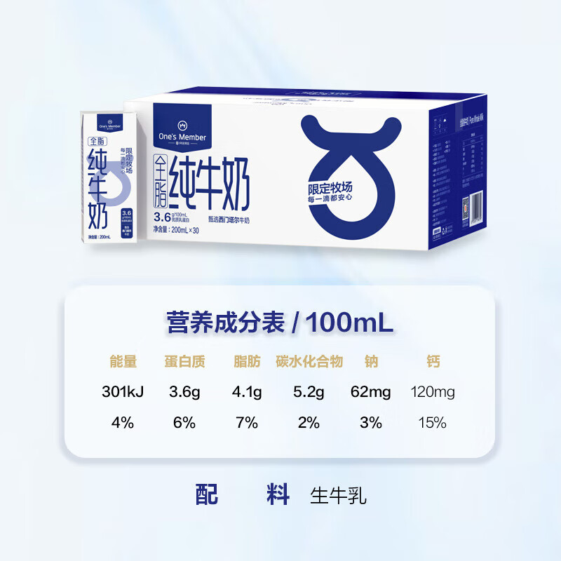 1號會員店 One\'s Member 牛奶優(yōu)惠券·實體卡 送 一箱3.6g蛋白全脂牛奶 (200ml*12瓶) 12元