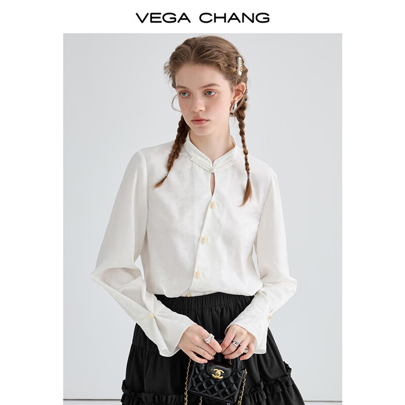 VEGA CHANG 新中式襯衫女2025年春季新款設(shè)計(jì)感小眾提花袢扣長袖襯衣 云錦白 S 79元