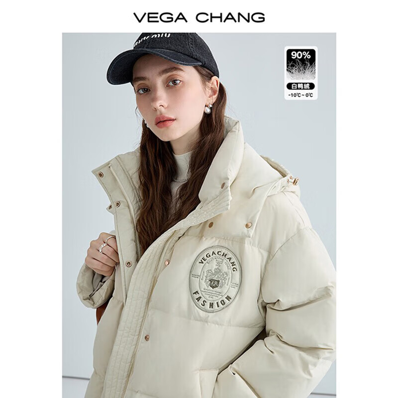 VEGA CHANG 羽絨服女短款2024冬裝加厚保暖繡標外套 香檳黃 S ￥359