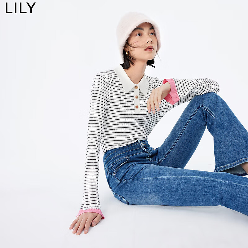 LILY 冬女裝別致時尚撞色都市通勤款修身POLO針織衫上衣女 601白色 L 117.6元