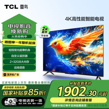 TCL 雷鳥 雀5 24款 節(jié)能版 65英寸電視 2+32GB 智能超薄平板電視機(jī)65F285C-J