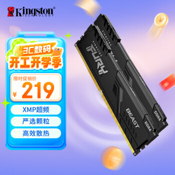 金士顿 FURY Beast野兽系列 DDR4 3200MHz 台式机内存 马甲条 黑色 16GB 8GB*2 HX432C16FB3K2/16