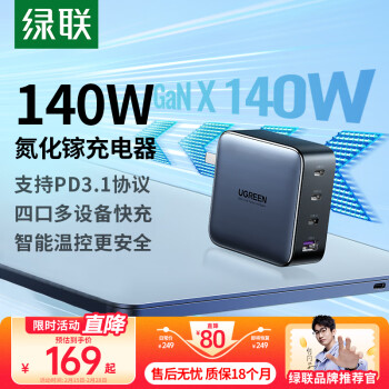 綠聯(lián) 140W氮化鎵充電器100W/65W快充適用蘋果16Pro/15手機平板電腦