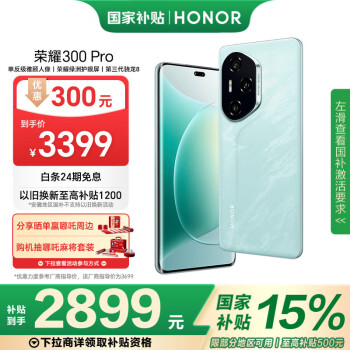 榮耀 HONOR 300 Pro 贏哪吒周邊 單反級雅顧人像 12+512 茶卡青 5G AI 新款 拍照手機 政府補貼