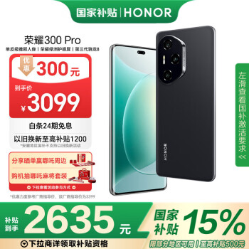 荣耀 HONOR 300 Pro 赢哪吒周边 单反级雅顾人像 12+256 墨岩黑 5G AI 新款 拍照手机 政府补贴