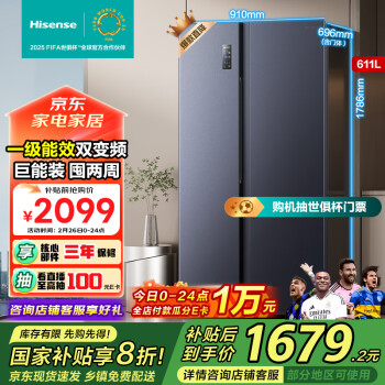 海信 Hisense 冰箱雙開門冰箱一級能效無霜超薄冰箱大容量611升變頻電冰箱BCD-611WFK1DPQ