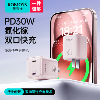 羅馬仕 COOL電30W蘋果充電器氮化鎵雙口快充頭兼容PD20W適用iPhone15Pro/14/iPad手機平板Type-C插頭 粉 雙口快充 粉