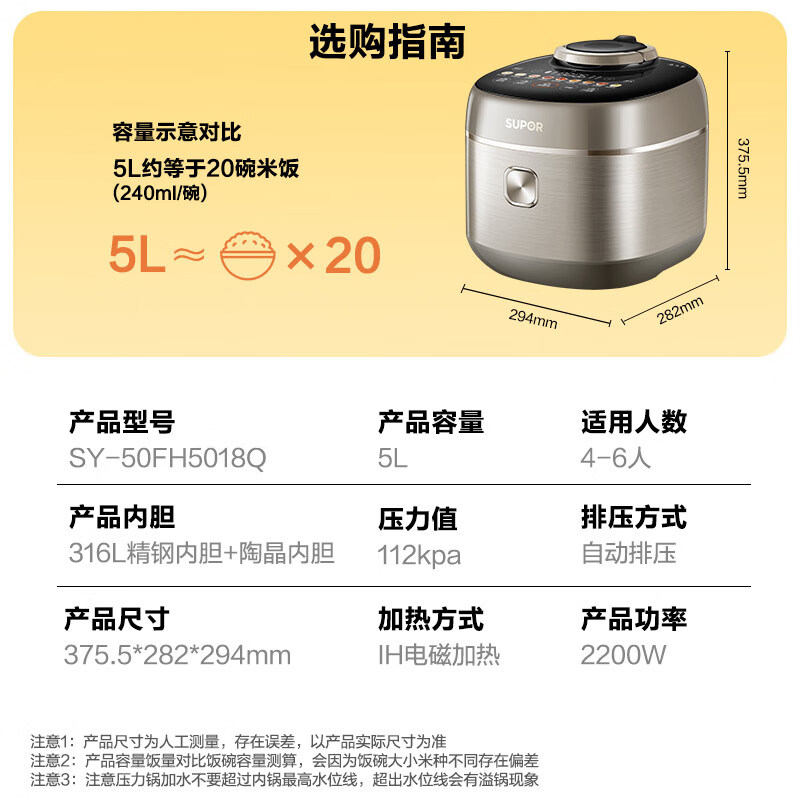 蘇泊爾 快排IH鮮呼吸電壓力鍋5L 112kPa 2200W 316L精鋼球0SY-50FH5018Q 券后999元