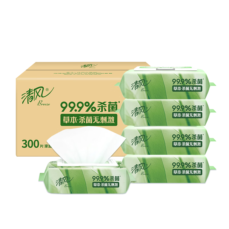 清风 御本草系列 杀菌湿巾 湿纸巾 60片*5包 不含酒精 带盖抽取式 16.41元（需买2件，需用券）