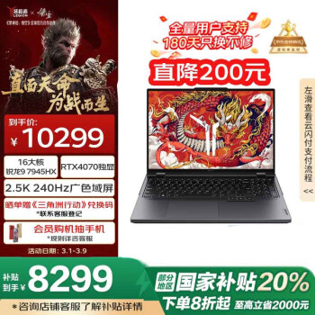 联想拯救者 R9000P 2024款 七代锐龙版 16.0英寸 游戏本 灰色（锐龙R9-7945HX、RTX 4070 8G）