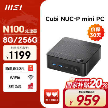 微星 Cubi NUC-P 迷你主机 黑色（N100、核芯显卡、8GB、256GB SSD）