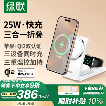 綠聯(lián) Qi2+蘋果認(rèn)證三合一無線充MagSafe15WiPhone16/15/appleiwatch