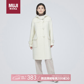 MUJI 無印良品 无印良品（MUJI）女式 羊毛混 牛角扣大衣 长款外套 毛呢大衣秋冬 米白色3A L