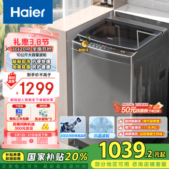 海尔 Haier 波轮洗衣机全自动家用 10公斤大容量 直驱变频 敲敲洗全桶换风 电离除菌 EB100B53Mate2