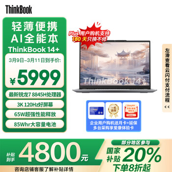 ThinkPad ThinkBook 14+ 2024款 八代锐龙版 银色（锐龙R7-8845H、核芯显卡、32GB、1TB）