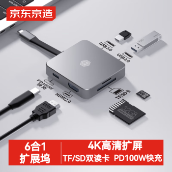 京东京造 usb扩展坞type-c 6合1 iPad/苹果MacBook 拓展坞 HDMI转换器4K投屏转接头数据线分线器