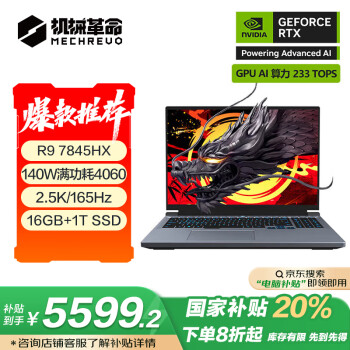 机械革命 蛟龙16Pro 游戏电竞笔记本电脑(R9-7845HX 16G 1T RTX4060 165HZ 2.5K 灰)