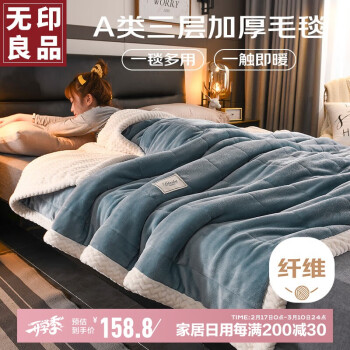 無印良品 MUJI 無印良品 A類三層加厚毛毯 200*230cm 藍(lán)灰+白