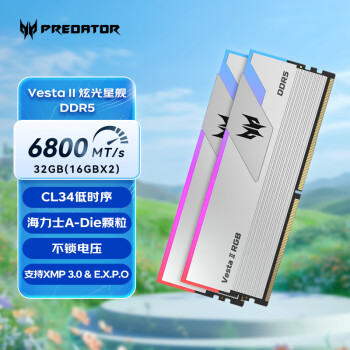 宏碁掠奪者PREDATOR32G16G×2套裝DDR56800頻率臺(tái)式機(jī)內(nèi)存條VestaII炫光星艦RGB燈條C34星光銀AI電腦配件