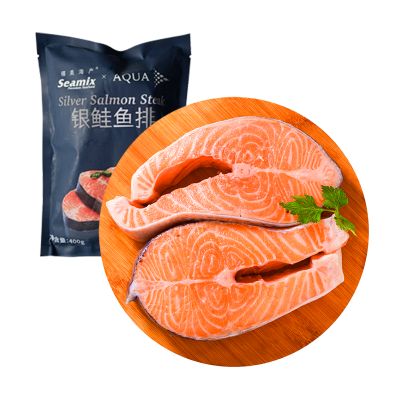 PLUS會(huì)員:禧美海產(chǎn) 冷凍智利三文魚排 凈重400g*2件 62.06元（合31.03元/件）