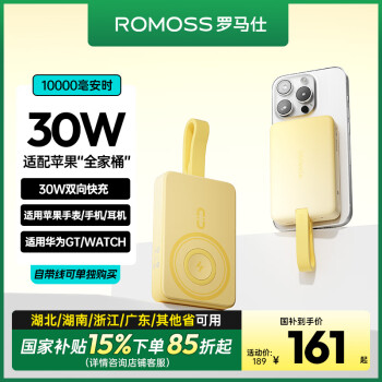 羅馬仕 磁吸無線充電寶30W快充1萬毫安自帶線