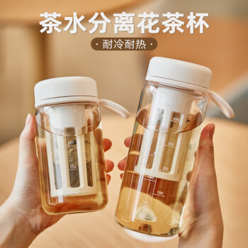 私家良品 水杯男女士泡茶水分离塑料杯带刻度便携透明水杯子夏季 白色450ml-耐高温（带茶仓）