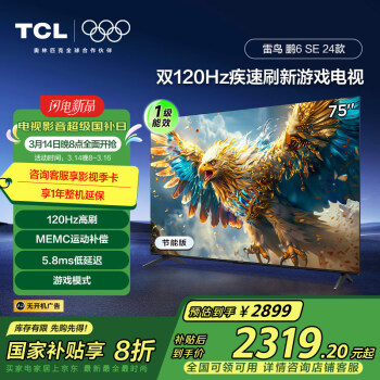 雷鸟 TCL雷鸟 鹏6SE 一级能效版 75英寸 家电 120Hz MEMC防抖 2+32GB 智能平板电视机75S365C-JN