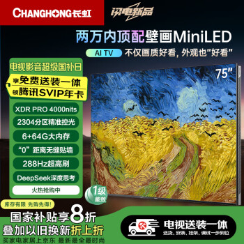 20点开始、国家补贴：长虹 75U7H Mini 液晶电视 75英寸 4K MiniLED 2304分区 288HZ普通挂架送装一体