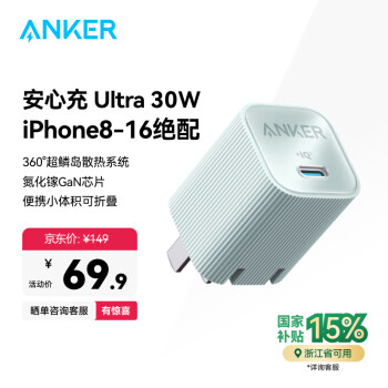 安克 30W安心充电器氮化镓PD快充type-c适用iPhone16promax15苹果14iPad华为小米手机usb插头冰湖色