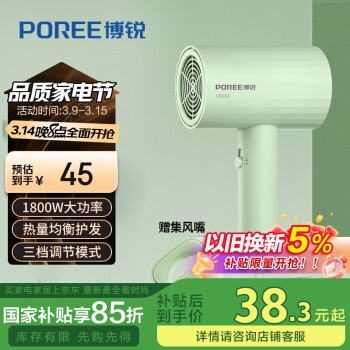 飞科博锐电吹风机家用大功率不伤发便携吹风筒三档冷热风学生宿舍用1800W国家政府补贴翡翠绿PH1628