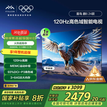 雷鳥(niǎo) 鵬6 24款 電視機(jī)75英寸 120Hz動(dòng)態(tài)加速 3+64GB 一級(jí)能效家電補(bǔ)貼游戲液晶平板電視75S375C-JN