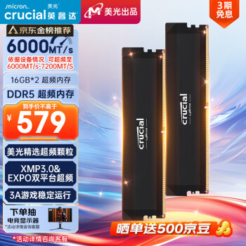 Crucial Pro DDR5 6000MHz 台式机内存 马甲条 黑色 32GB 16GBx2 C36