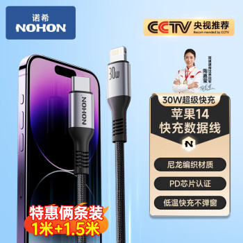 諾希 蘋果數據線Type-c充電線PD快充20/30W充電器鋁合金編織線適用iPhone14/13ProMax/12/11 兩條裝