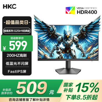 HKC 獵鷹II代 G25H1經(jīng)典版 24.5英寸FastIPS顯示器（1920×1080、200Hz、125％sRGB、HDR400）